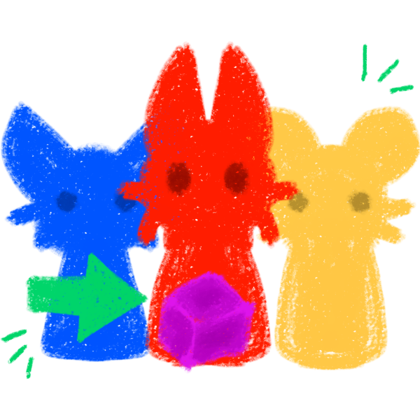 three colorful, cartoonish figures that resemble stylized animals or creatures farther in the distance. From left to right, there's a blue figure, a red figure with prominent ears, and a yellow figure. Each has large eyes and a simplistic design, giving a playful and friendly vibe. There's also a green arrow pointing towards a purple square that the group is holding.